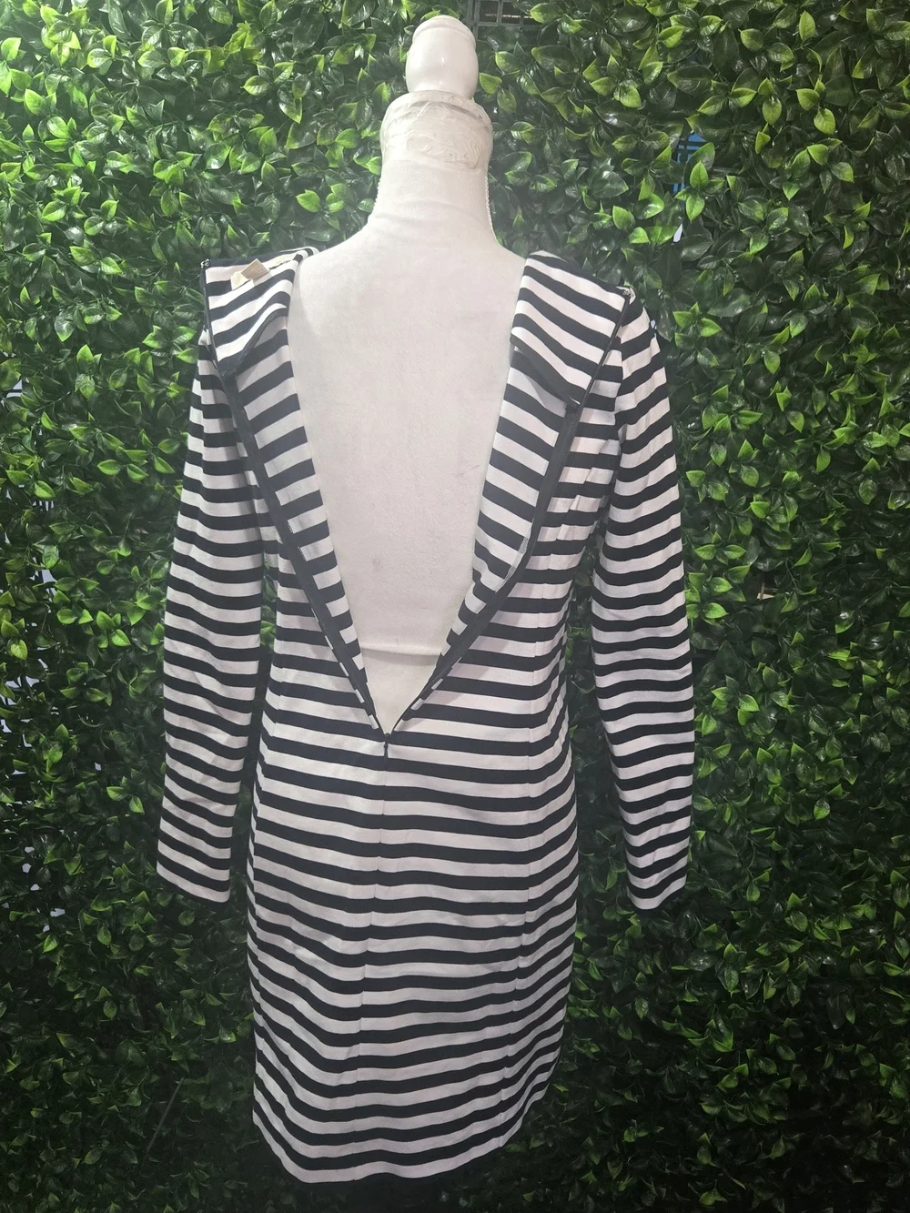 Michael Kors Black and White Striped Long-Sleeve Mini Dress